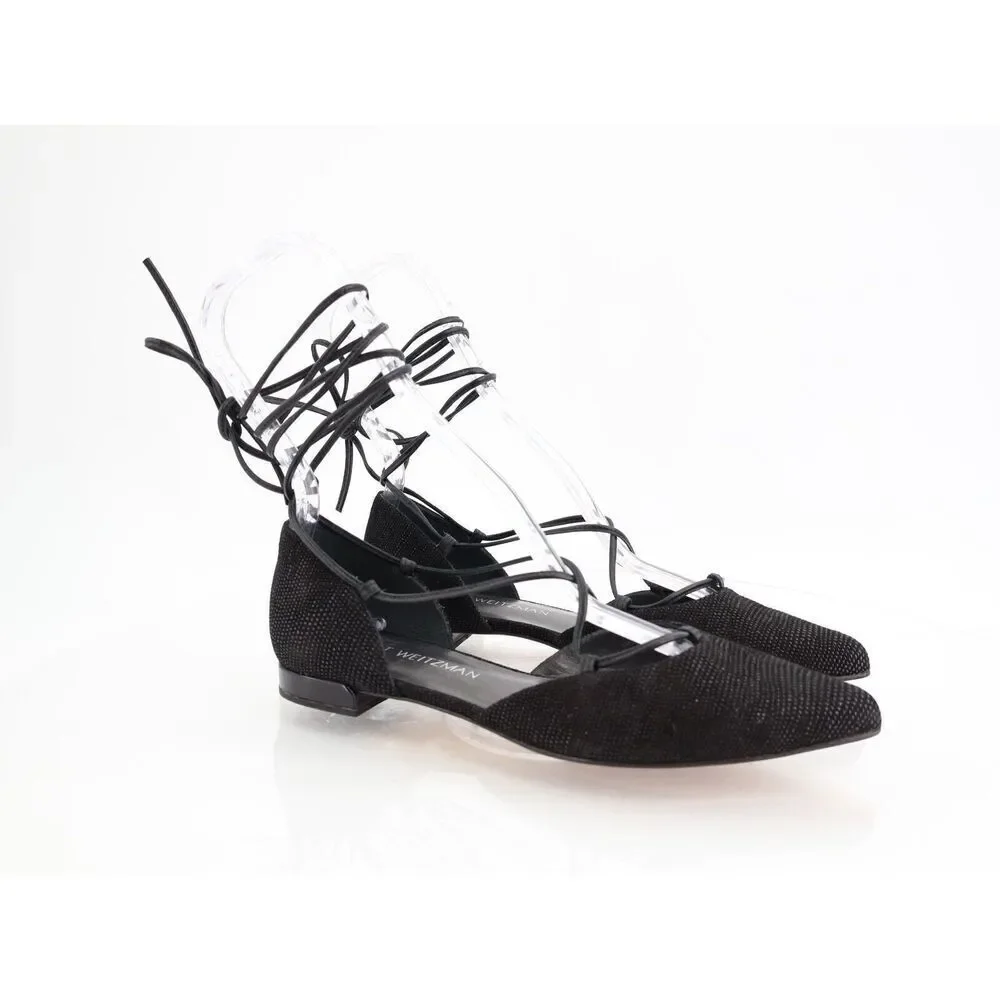 Stuart Weitzman Gilligan Ballet Flats Lace Up Pointed Toe Black Size 6 M Leather